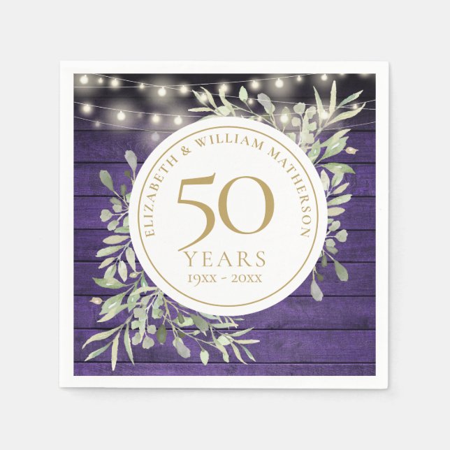 50th Anniversary Floral Purple Wood String Lights Napkins (Front)
