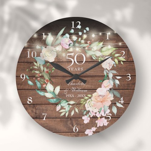 50th Anniversary Floral Rustic Wood String Lights Large Clock