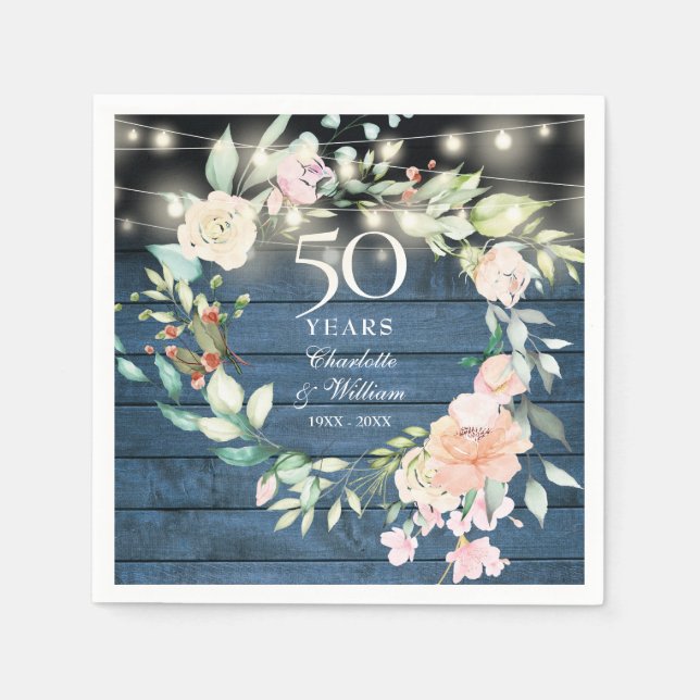 50th Anniversary Floral String Lights Blue Rustic Napkins (Front)