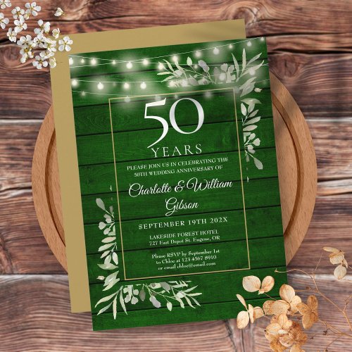 50th Anniversary Floral String Lights Green Wood  Invitation