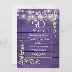 50th Anniversary Floral String Lights Purple Wood Invitation