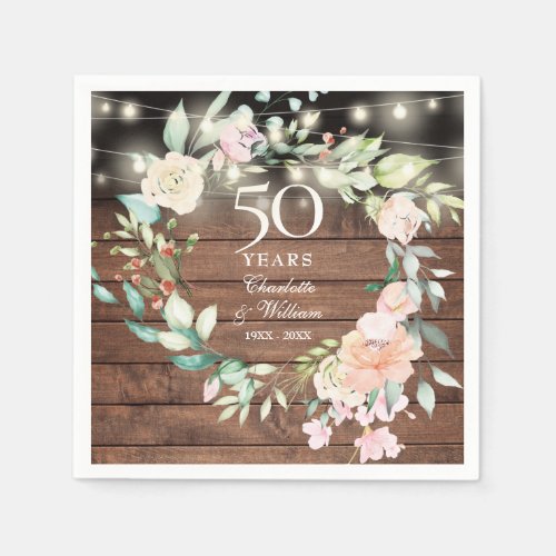 50th Anniversary Floral String Lights Rustic Wood Napkins