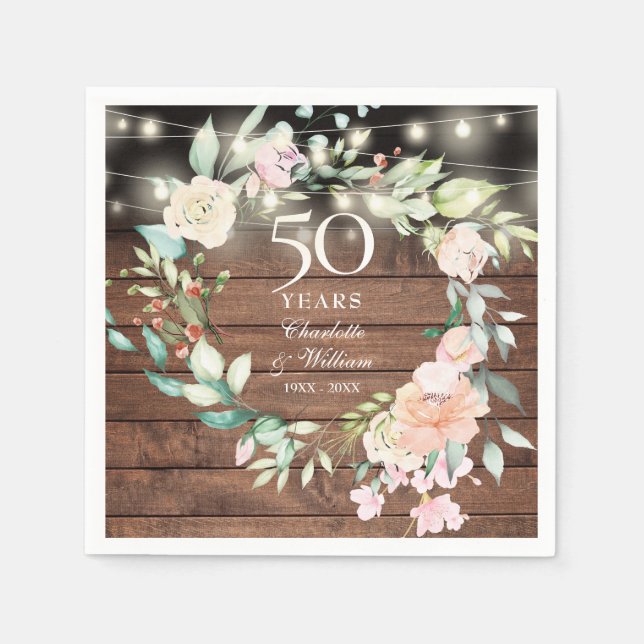 50th Anniversary Floral String Lights Rustic Wood Napkins (Front)