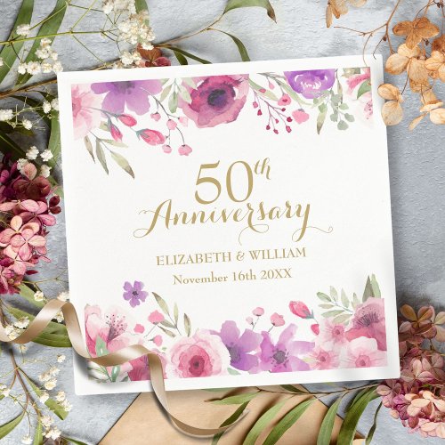50th Anniversary Floral Watercolour Roses Greenery Napkins
