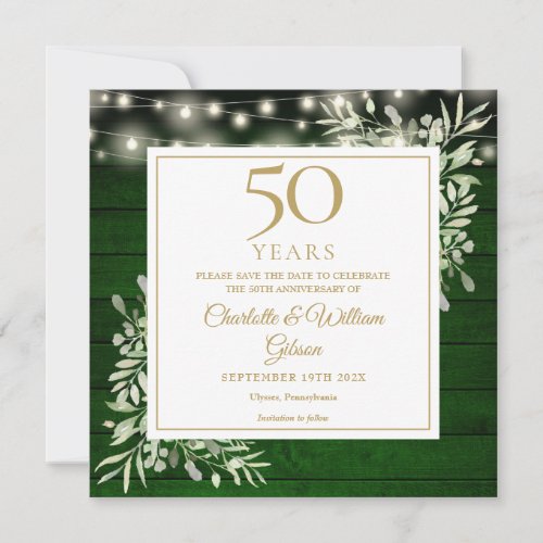 50th Anniversary Foliage Green Wood Lights Square Save The Date