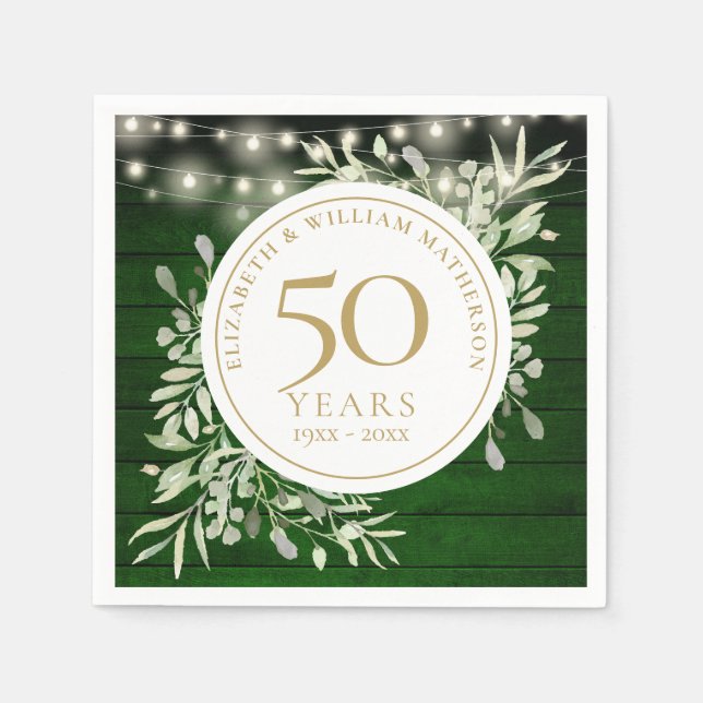 50th Anniversary Foliage Green Wood String Lights Napkins (Front)