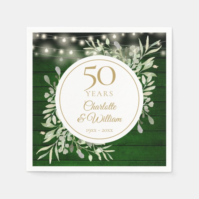 50th Anniversary Foliage Green Wood String Lights Napkins (Front)