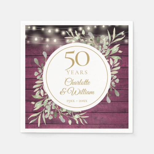 50th Anniversary Foliage Red Wood String Lights Napkins