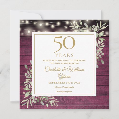 50th Anniversary Foliage Rustic Red Wood Lights Save The Date