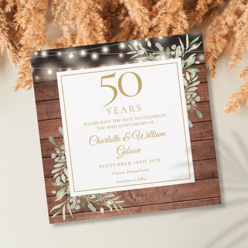 50th Anniversary Foliage Rustic Wood Lights Square Save The Date