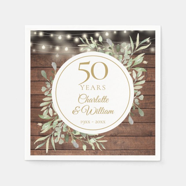 50th Anniversary Foliage Rustic Wood String Lights Napkins (Front)