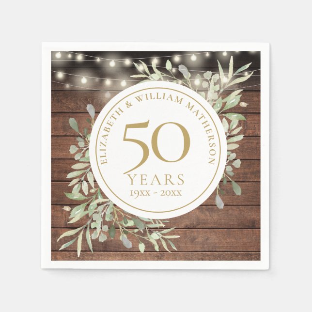 50th Anniversary Foliage Rustic Wood String Lights Napkins (Front)