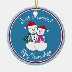 50th Anniversary Gift Fun Snow Couple Christmas Ceramic Ornament