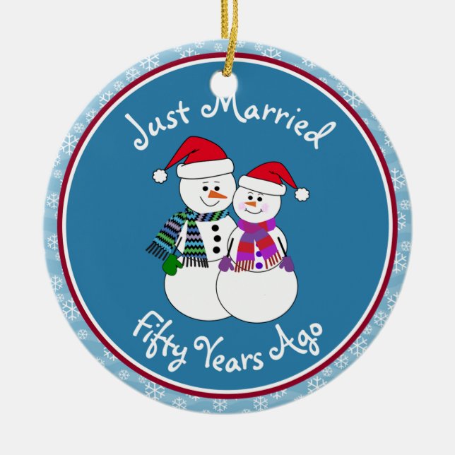 50th Anniversary Gift Fun Snow Couple Christmas Ceramic Ornament (Front)