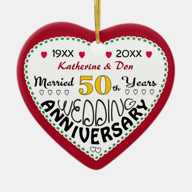 50th Anniversary Gift Heart Shaped Christmas Ceramic Ornament (Front)