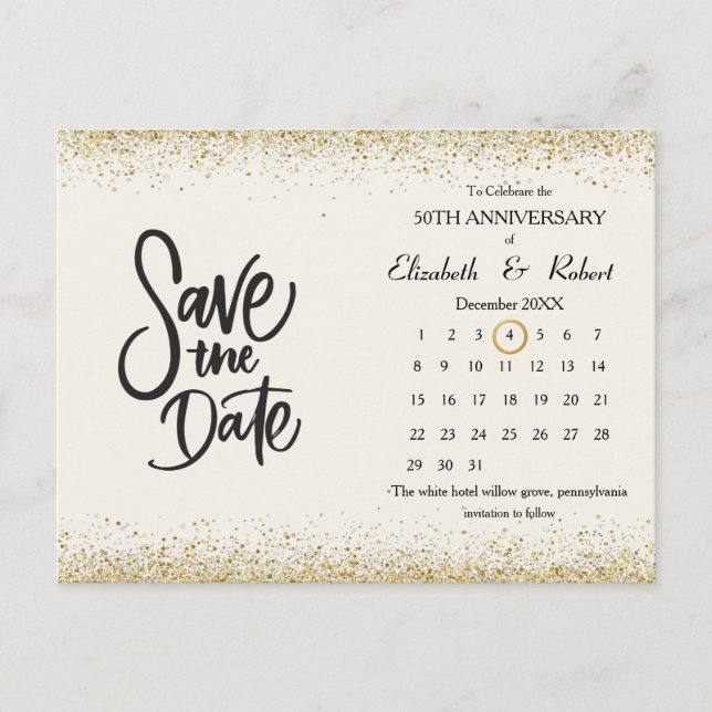 50th Anniversary Glitter Wedding The Date Calendar Announcement Postcard (Front)