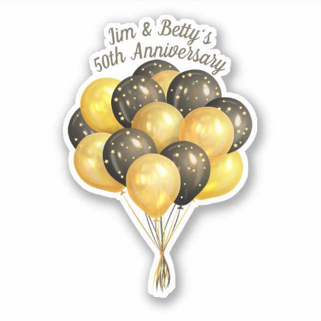 50th Anniversary Gold and Black Balloons Names Sticker (Front)