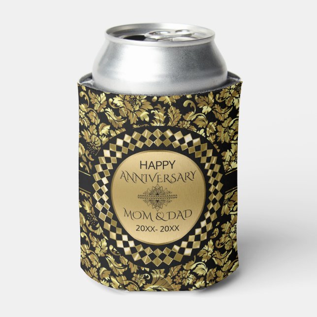50th Anniversary Gold And Black Damask Can Cooler (Can Front)