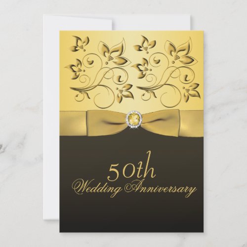 50th Anniversary Gold and Black Floral Jewelled Personalized Invitations
