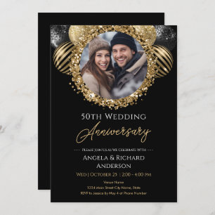 50th Anniversary Gold and Black Glitter Photo Invitation