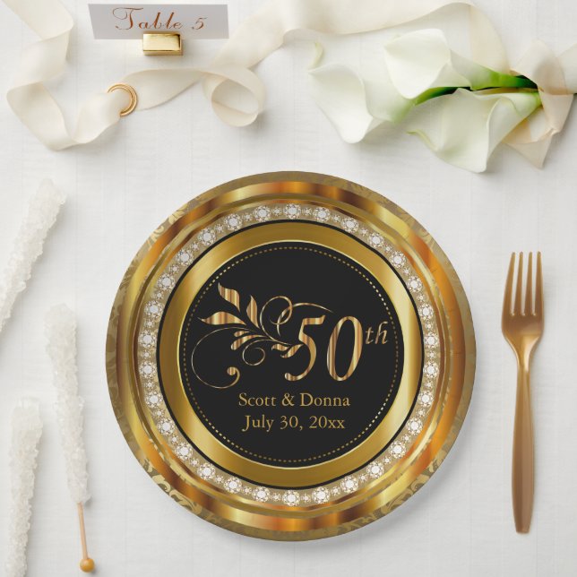 50th Anniversary - Gold and Diamonds Paper Plates (Wedding)