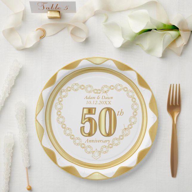50th Anniversary - Gold and White Paper Plates (Wedding)