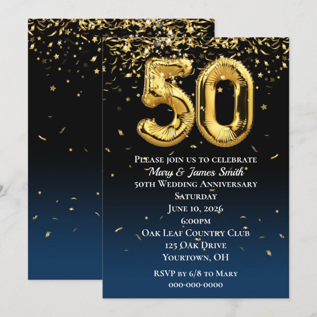 50th Anniversary Gold Balloons and Confetti Invitation (Front/Back)