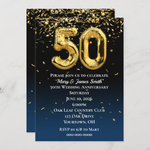 50th Anniversary Gold Balloons and Confetti Invitation