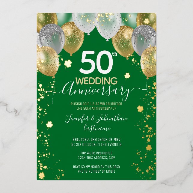 50th Anniversary Gold Balloons Green Shamrock Foil Invitation (Front)