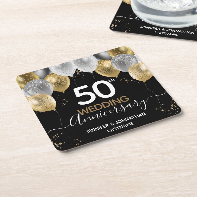 50th Anniversary Gold Balloons Square Paper Coaster (Angled)