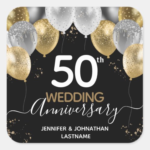 50th Anniversary Gold Balloons Square Sticker