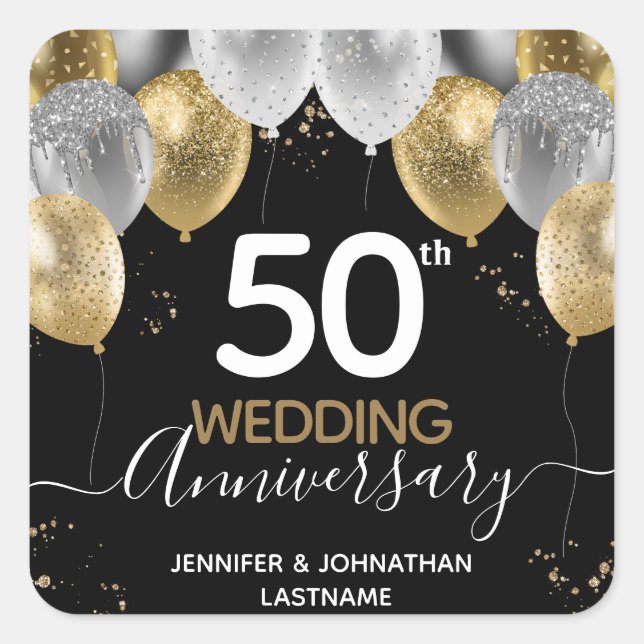50th Anniversary Gold Balloons Square Sticker (Front)
