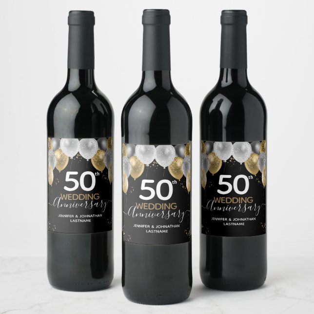 50th Anniversary Gold Balloons Wine Label (Bottles)