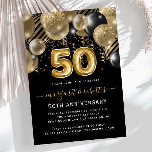50th Anniversary Gold Black Balloon Arch Party Invitation