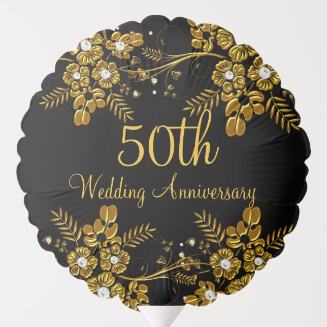 50th Anniversary Gold Black Diamond Floral Swirl Balloon (Back)