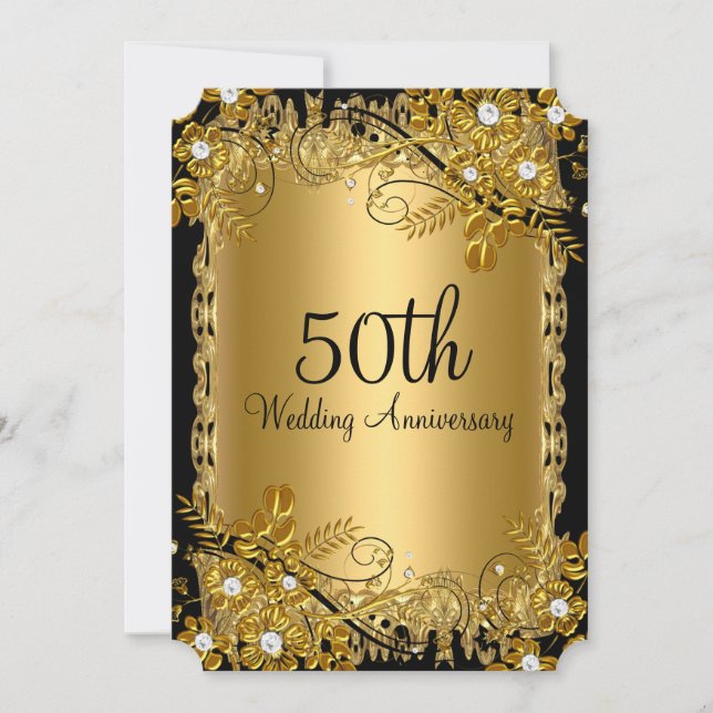 50th Anniversary Gold Black Diamond Floral Swirl Invitation (Front)
