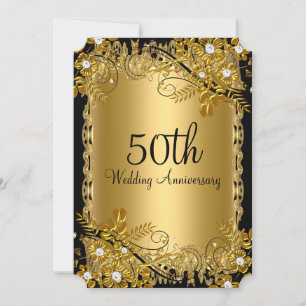 50th Anniversary Gold Black Diamond Floral Swirl Invitation