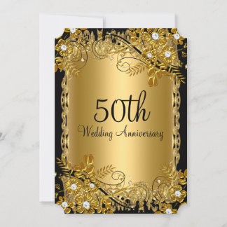 50th Anniversary Gold Black Diamond Floral Swirl Invitation
