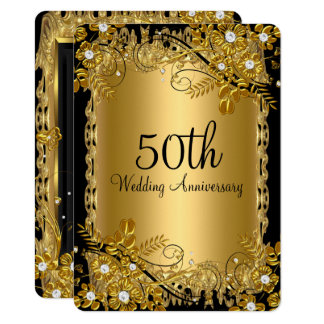 50th Anniversary Gold Black Diamond Floral Swirl Invitation