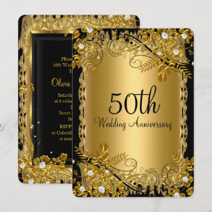 50th Anniversary Gold Black Diamond Floral Swirl Invitation