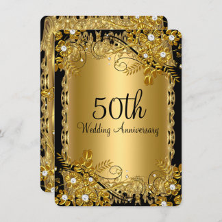 50th Anniversary Gold Black Diamond Floral Swirl Invitation