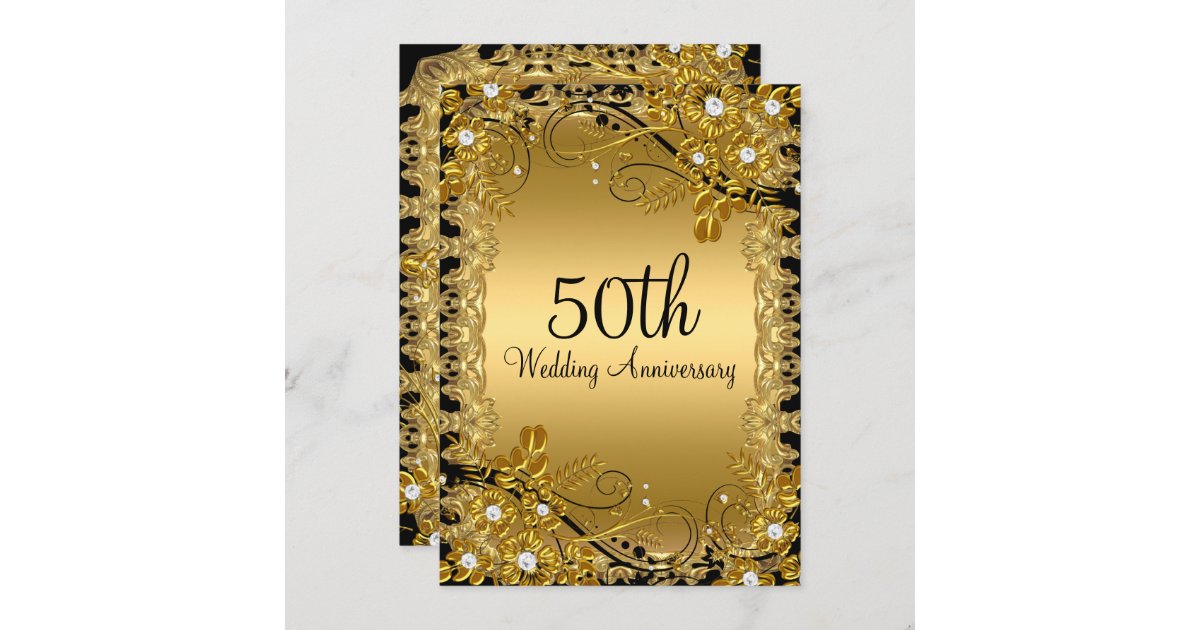 50th Anniversary Gold Black Diamond Floral Swirl Invitation | Zazzle