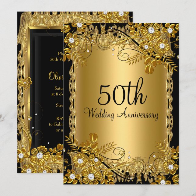 50th Anniversary Gold Black Diamond Floral Swirl Invitation (Front/Back)