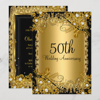 50th Anniversary Gold Black Diamond Floral Swirl Invitation