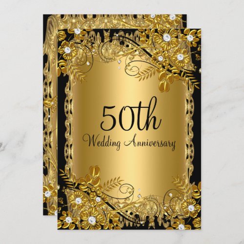 50th Anniversary Gold Black Diamond Floral Swirl Invitation