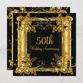 50th Anniversary Gold Black Diamond Floral Swirl Invitation