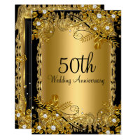 50th Anniversary Gold Black Diamond Floral Swirl Invitation