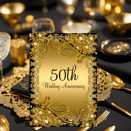 50th Anniversary Gold Black Diamond Floral Swirl Invitation