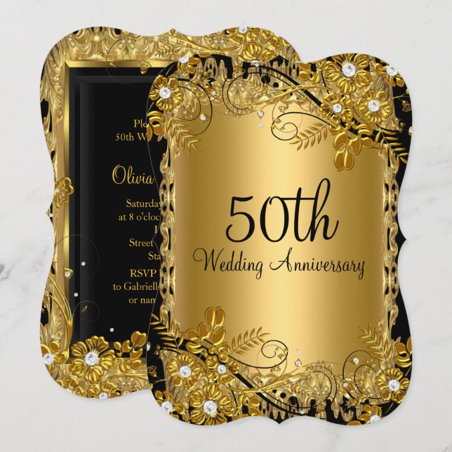 50th Anniversary Gold Black Diamond Floral Swirl Invitation (Front/Back)