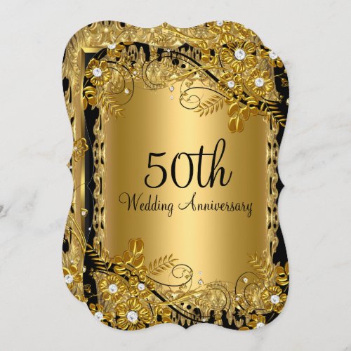 50th Anniversary Gold Black Diamond Floral Swirl Invitation